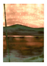 Load image into Gallery viewer, Contemporary Irish art piece depicting an abstracted lake and horizon at sunset, enhanced with digital light effects.