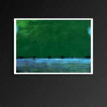 Load image into Gallery viewer, Mythical digital landscape with reflective water and distant silhouettes by Irish artist Orfhlaith Egan.