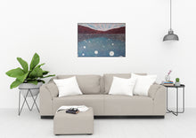 Load image into Gallery viewer, The composition evokes the feeling of gazing into an infinite, star-speckled abyss, where the boundaries between earth and ether dissolve. Soft whites deep blues, and rich burgundy create a rhythmic contrast, echoing the organic yet mathematical beauty of nature's patterns.