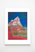 Load image into Gallery viewer, Mountain artwork with painterly textures, depicting a glowing pink and white peak against a deep blue sky.