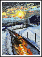 Load image into Gallery viewer, Sun and sky from Winter Sun, showing textured brushstrokes in glowing yellows and layered clouds.