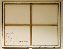 Load image into Gallery viewer, Romantic sunset over an Italian lake, where the sky's fading light is softly embraced b distant mountains. Back view of canvas. Signed. Irish artist Orfhlaith Egan