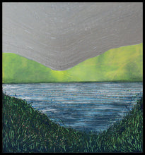 Load image into Gallery viewer, A hush upon the dreaming hills, where time has traced its slow design. Above, a silver veil, half drawn, half bright, as if some ancient go had stood and held the balance between dark and light. The silence sings in this otherworldly painting by Irish artist Orfhlaith Egan.