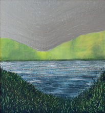 Load image into Gallery viewer, The lake confides its silver tongue to hills that lean to listen. A secret stirs the air between, a murmur, soft as distance. Inspired by the otherworldly landscape of Cornamona, Co. Galway. Irish art by Orfhlaith Egan.