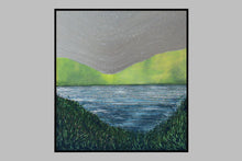 Load image into Gallery viewer, The lake in whispered cadence fills the hollowed depths with secret sign. The hills, shaped over time, embody the gradual imprint of memory, ancient archetypes, their curves an echo of lived experience. A serene meditation on the mystical Cornamona landscape by Irish artist Orfhlaith Egan.