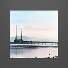 Load image into Gallery viewer, The Poolbeg Towers stand against a washed-out sky. The wooden bridge stretches across the water, delicate but certain. The tide is low, the air still. Everything feels suspended, like a moment just before something happens.