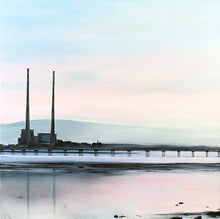 Load image into Gallery viewer, A serene painting of Dublin's Poolbeg Towers and Bull Wall Wooden Bridge at dawn, with soft pastel hues reflecting on calm tidal waters.