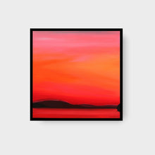Load image into Gallery viewer, Intense red sunset dissolving into the horizon, with vivid hues of orange and pink merging with the calm waters below.