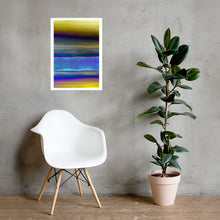 Load image into Gallery viewer, This contemporary digital art print is a striking fusion of painting and digital enhancement, where layers of gold, deep indigo, and electric blue form a dreamlike horizon that shimmers with an almost holographic glow.