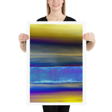 Load image into Gallery viewer, Layers of gold, deep indigo, and electric blue form a dreamlike horizon, evoking geological strata that captures both natural serenity and futuristic vibrancy. Perfect for those seeking a glowing abstract print for a modern interior.