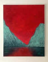 Load image into Gallery viewer, Expressionist painting of Ireland's only fjord, where textured verdigris-toned cliffs meet a glowing crimson sky, inspired by Leenane's mythic landscape.