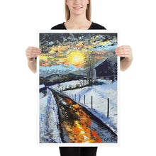 Load image into Gallery viewer, A glowing snow-covered road reflecting golden sunlight in Winter Sun by Orfhlaith Egan.