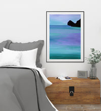 Load image into Gallery viewer, Modern art print showcasing a serene lake at dusk, with gentle violet and blue reflections creating a soothing atmosphere.