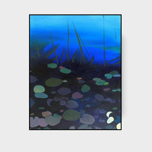 Load image into Gallery viewer, Calming inky blue water, waterlilies and palm trees other-worldly acrylic painting by Orfhlaith Egan.