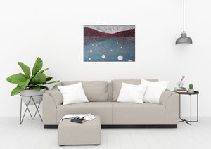 The composition evokes the feeling of gazing into an infinite, star-speckled abyss, where the boundaries between earth and ether dissolve. Soft whites deep blues, and rich burgundy create a rhythmic contrast, echoing the organic yet mathematical beauty of nature's patterns.