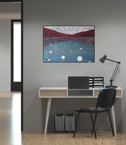 Hand-painted with meticulous detail, this work is part of a broader exploration of how perception, nostalgia, and the landscape intertwine. Rich midnight blues, soft whites, deep burgundy, and delicate highlights of pink and cyan.