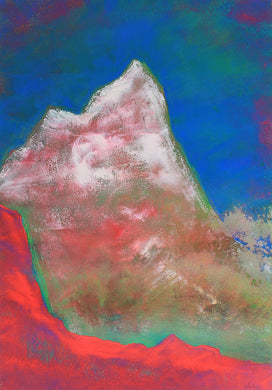 Abstract mountain landscape painting with vibrant green, pink, and blue hues, inspired by the Swiss Alps.