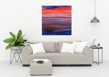 Load image into Gallery viewer, Energetic brushstrokes blending red and blue tones in a lakeside scene, painted in acrylic on canvas.
