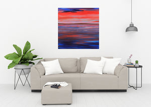 Energetic brushstrokes blending red and blue tones in a lakeside scene, painted in acrylic on canvas.