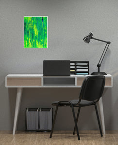 Contemporary artwork evoking the mystical beauty of Galway's ancient woodlands, with layers of green and gold reminiscent of filtered sunlight.