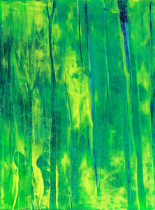 Abstract painting inspired by Inchagoill Island, featuring luminous green, golden yellow, and deep blue tones evoking sunlight through a dense forest.