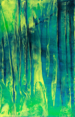 A tranquil forest at night illuminated by soft moonlight, with trees and mist blending into the darkness.