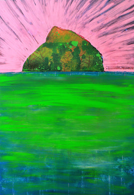 A vivid painting of a green island rising from a shimmering lake, with a radiant pink sky bursting behind it.