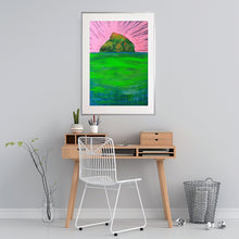 Load image into Gallery viewer, A lone island glows in emerald hues, its past whispering through shifting waters and a luminous, otherworldly sky.
