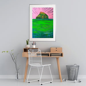 A lone island glows in emerald hues, its past whispering through shifting waters and a luminous, otherworldly sky.