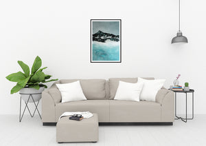 Ethereal painting of a misty winter lake and rugged mountain, inspired by Irish landscapes.