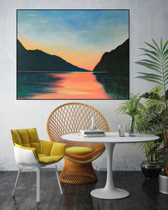 Atmospheric landscape painting capturing the quiet beauty of Lake Garda at dusk, with warm reflections on water.