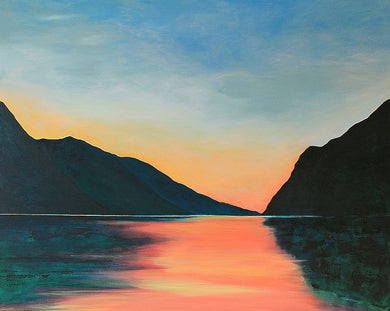 Landscape painting of Lake Garda at sunset, with warm tangerine and blue hues reflecting on calm water, framed by shadowed mountains.