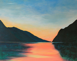 Landscape painting of Lake Garda at sunset, with warm tangerine and blue hues reflecting on calm water, framed by shadowed mountains.