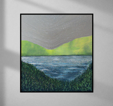 The contrasting colours carve out a charged stillness as the lake murmurs its secrets to the undulating green hills, their forms shaped by time and memory. Irish artist Orfhlaith Egan visualizes the quiet tension of her surroundings, a delicate balance between containment and surrender.
