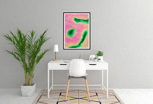 The interplay of rich greens and radiant pinks, the swirling lines that evoke both organic growth and neural pathways, suggest that this is not merely a depiction of a place but an experience of being within it. 