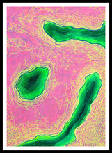 Load image into Gallery viewer, Organic forms reminiscent of lakes and waterways emerge from a vivid, electric palette - deep pools of emerald green seem to carve their way through a radiant pink terrain, while tendrils of yellow line work flicker like veins of unseen energy coursing beneath the surface.
