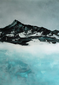 A moody winter landscape painting featuring a dark mountain and misty blue lake, evoking a serene and ethereal atmosphere.