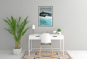 A dreamlike winter landscape painting with a dark mountain reflected in an icy blue lake, perfect for serene wall decor.