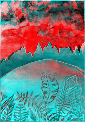 This artwork is part of the artist's ongoing exploration of landscape through both painting and digital techniques. The bold red and cyan colours give the scene an almost dreamlike quality, while the plant forms and rolling hills suggest a familiar yet altered natural world.