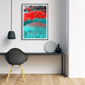 In this work, the artist continues their exploration of liminal landscapes blending the tactile origins of painting with the luminous, infinite potential of digital transformation. The artwork oscillates between organic familiarity and an otherworldly chromatic shift, its palette an eclectic cyan and searing red dissolving traditional spatial cues, decoding the ineffable, navigating the dream-time of the modern age.
