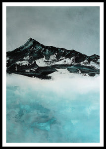 Contemporary landscape painting of a winter lake with a looming mountain, blending deep black-greens, soft blues, and misty whites.
