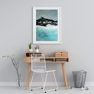Serene painting featuring a foggy winter lake, painted in deep black-greens and soft blues for a calming aesthetic.