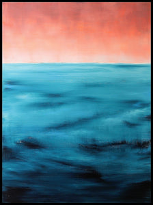 Atmospheric seascape artwork with shifting blue waters and a dreamy coral-hued sky.