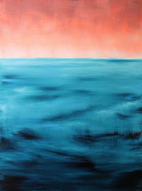 A contemporary seascape painting with a deep blue ocean and a glowing sky.