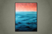 Load image into Gallery viewer, Modern abstract seascape with deep blue water and a luminous coral sunset.
