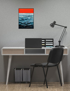 A peaceful abstract painting of the sea beneath a tangerine-hued sky, evoking tranquillity and calm with its gentle waves.