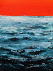 A serene seascape painting featuring a tranquil sea beneath a glowing tangerine orange sky, evoking peace and quiet.