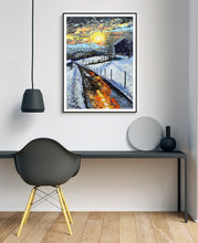 Load image into Gallery viewer, Thick impasto texture of Orfhlaith Egan’s Winter Sun, capturing the crisp energy of snow and mountain light.

