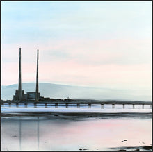 Load image into Gallery viewer, Poolbeg&#39;s twin towers rise against a hushed morning sky, their reflection trembling in the tide, while the Bull Wall Wooden Bridge stretches across the luminous water.
