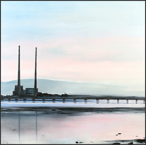 Poolbeg's twin towers rise against a hushed morning sky, their reflection trembling in the tide, while the Bull Wall Wooden Bridge stretches across the luminous water.